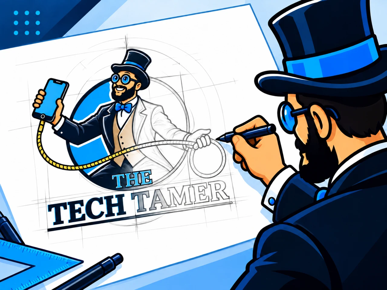 The Tech Tamer at a desk with charts and a laptop—what are you working on?
