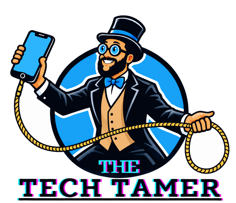 The Tech Tamer: Josh’s top-hatted technology tamer mascot and wordmark