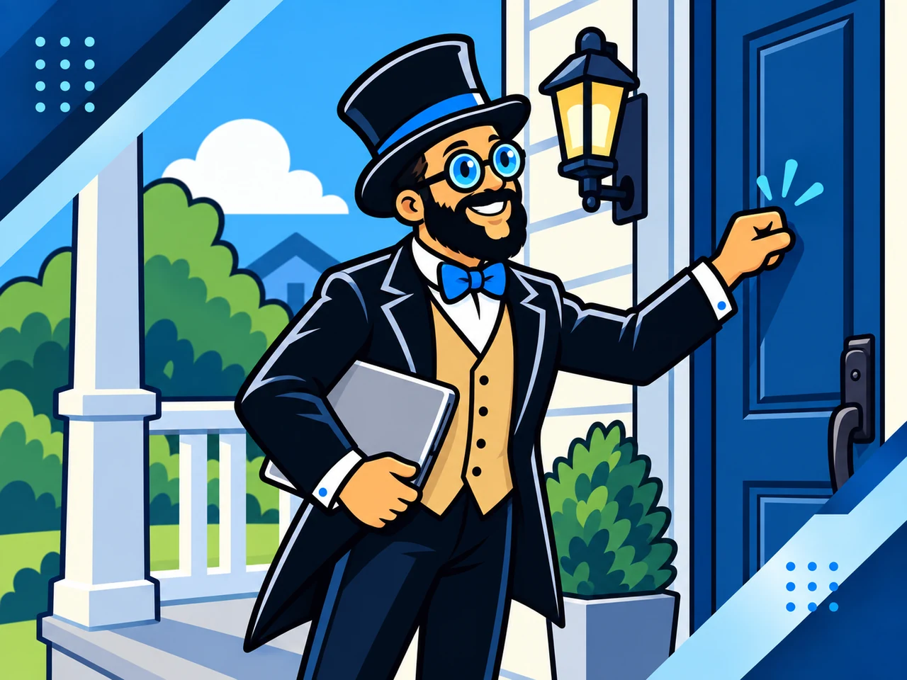 The Tech Tamer knocking on a front door with a laptop under his arm